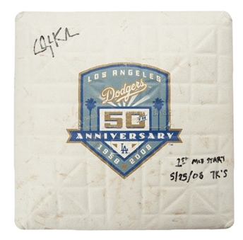 2008 Clayton Kershaw Autographed Dodger Stadium Used 3rd Base From Clayton Kershaws First Major League Start (MLB AUTH)